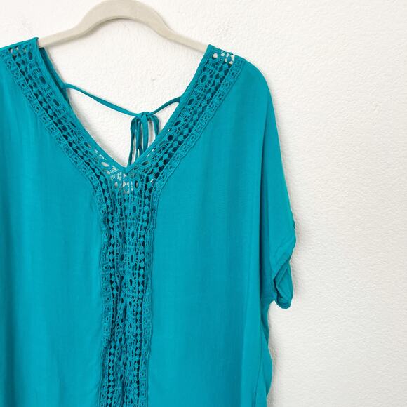 [Aimage] Teal V-Neck Crochet Lace Tasseled Side Slits Swim Coverup Sz Medium M - Picture 10 of 12